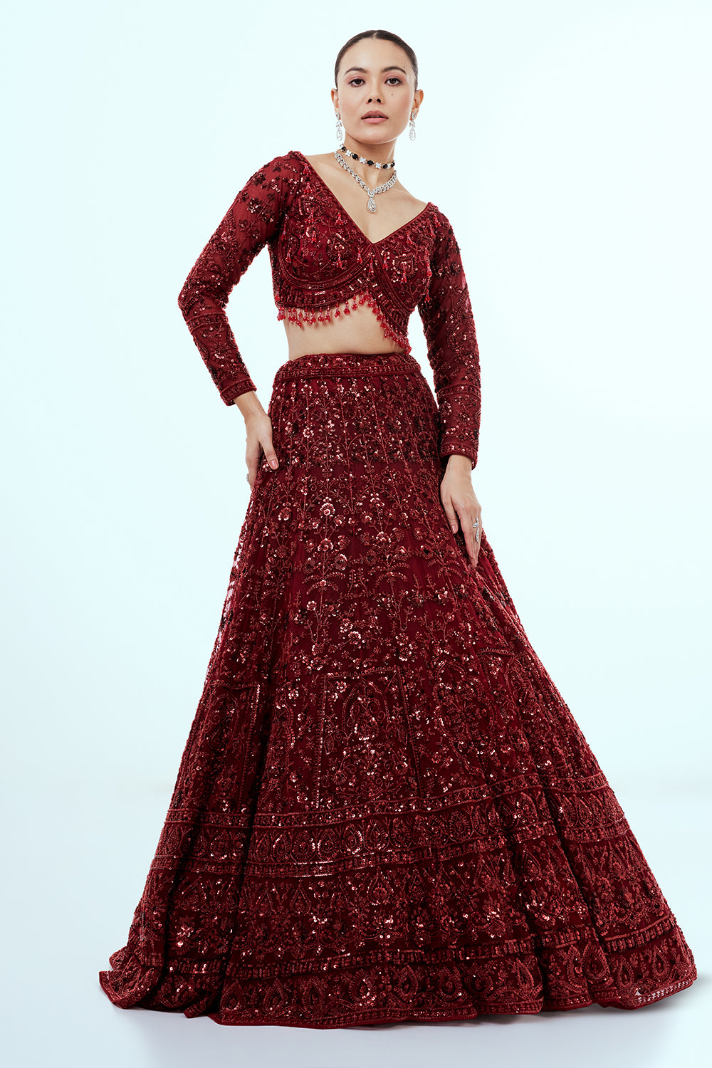 Maroon Net Lehenga with Sequins and Cutdana Hand Work