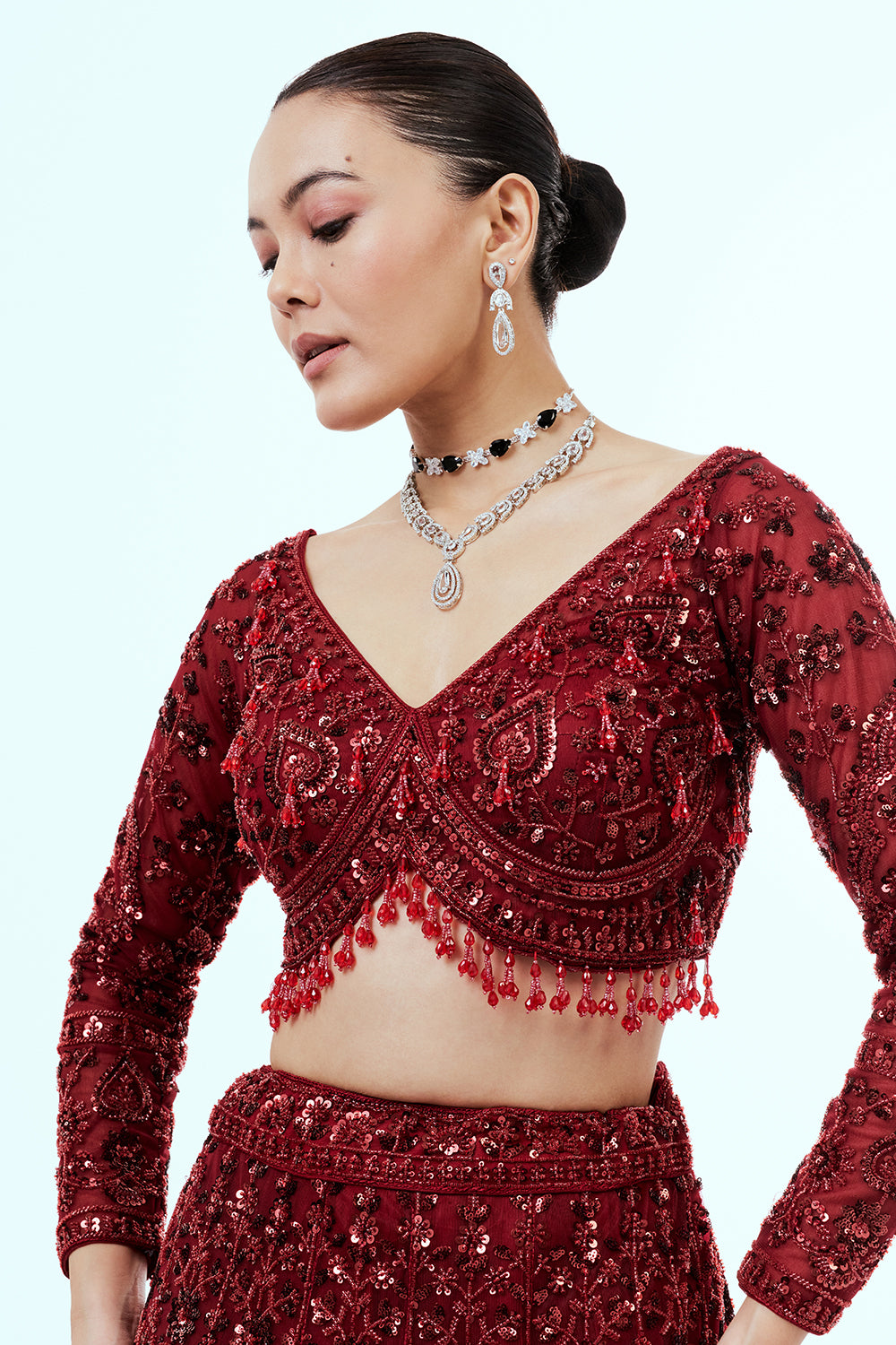 Maroon Net Lehenga with Sequins and Cutdana Hand Work