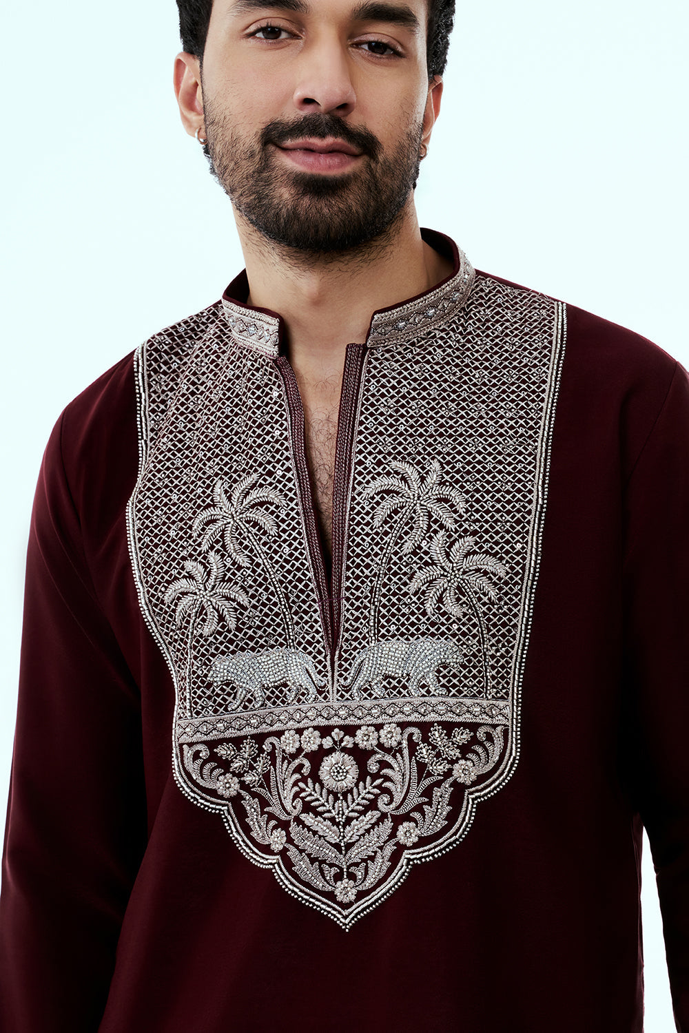 Maroon Premium Crepe Mens Kurta Set with Handwork