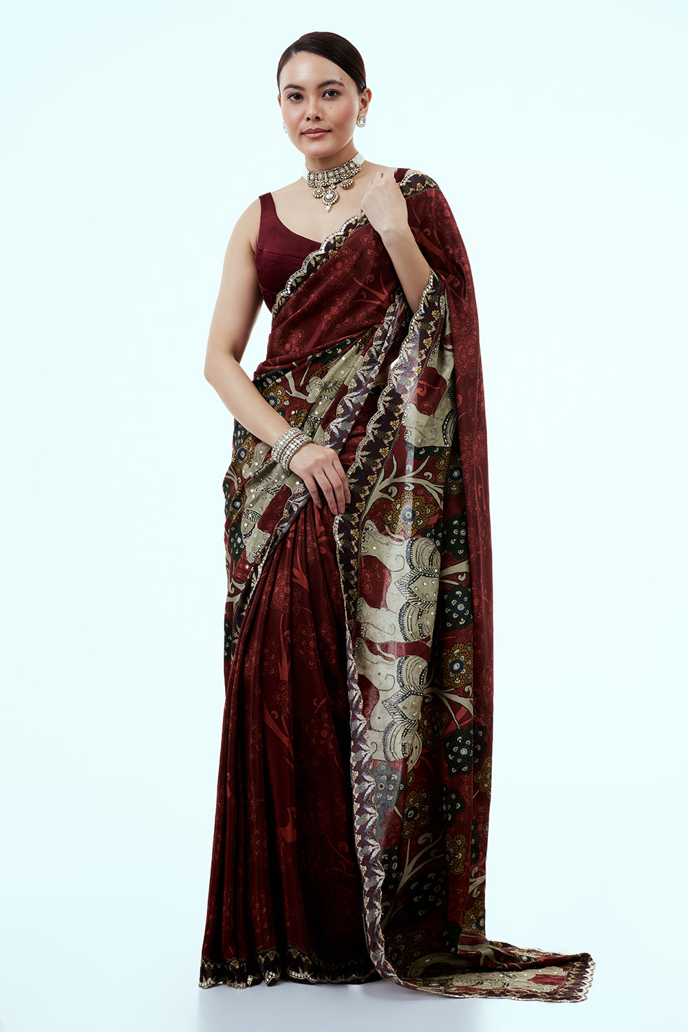 Maroon Printed Crepe Saree with Sequins and Zari Work