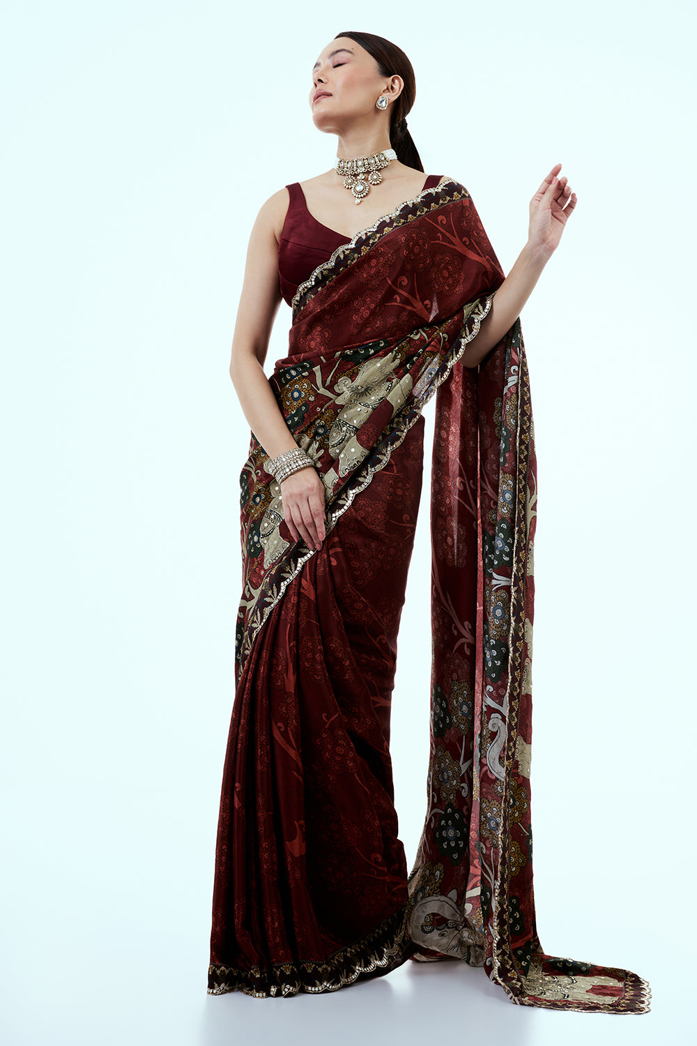 Maroon Printed Crepe Saree with Sequins and Zari Work