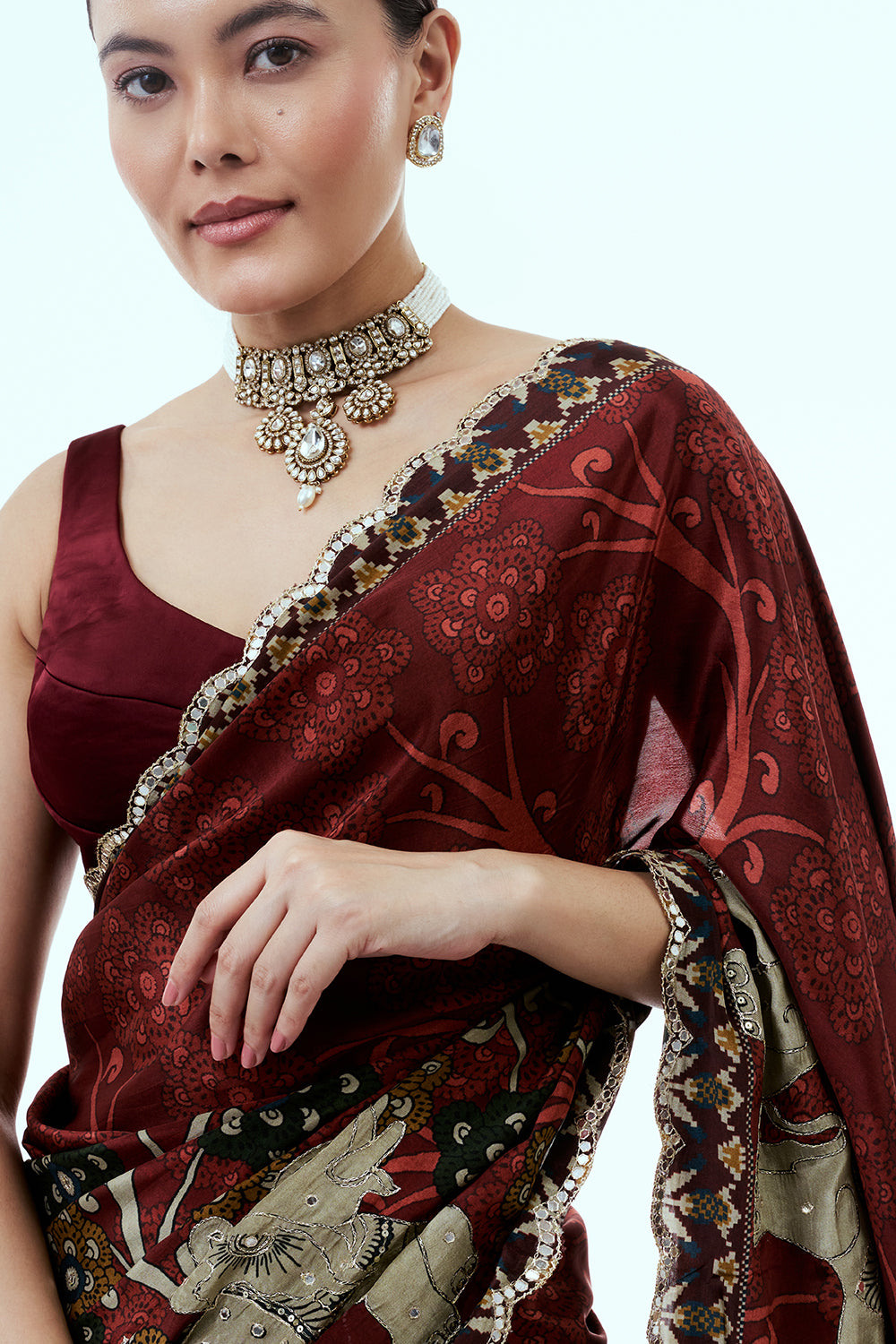 Maroon Printed Crepe Saree with Sequins and Zari Work