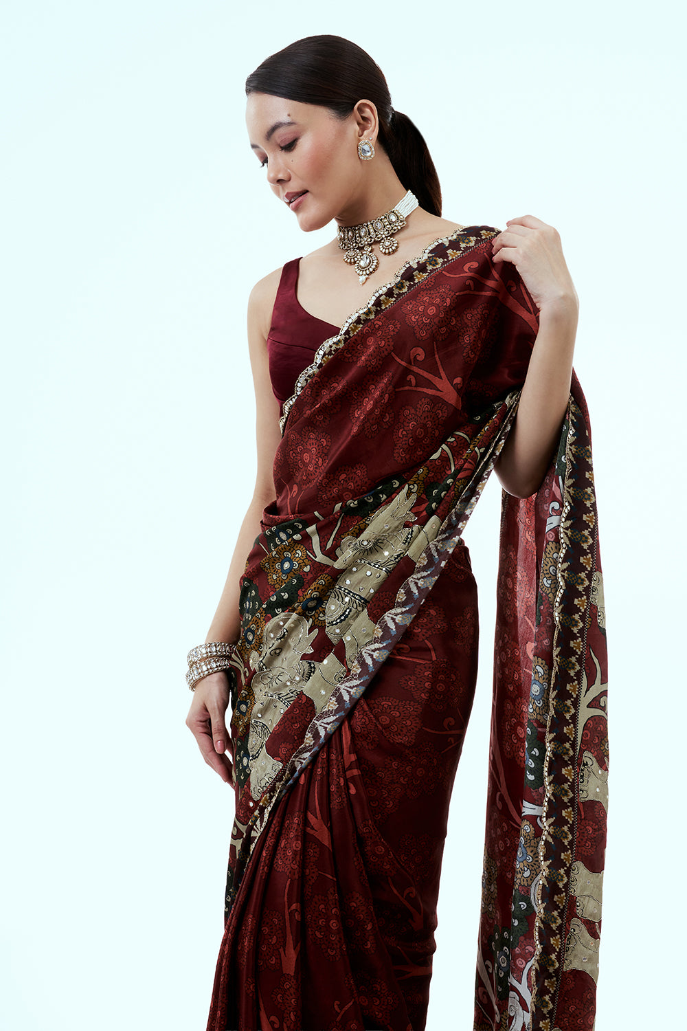 Maroon Printed Crepe Saree with Sequins and Zari Work