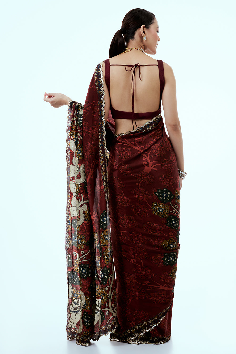 Maroon Printed Crepe Saree with Sequins and Zari Work
