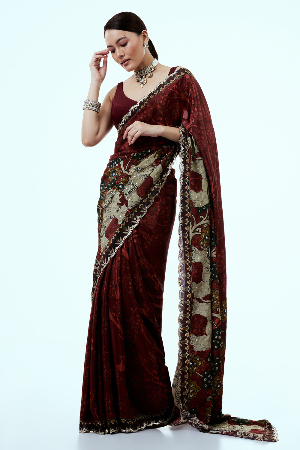 Maroon Printed Crepe Saree with Sequins and Zari Work
