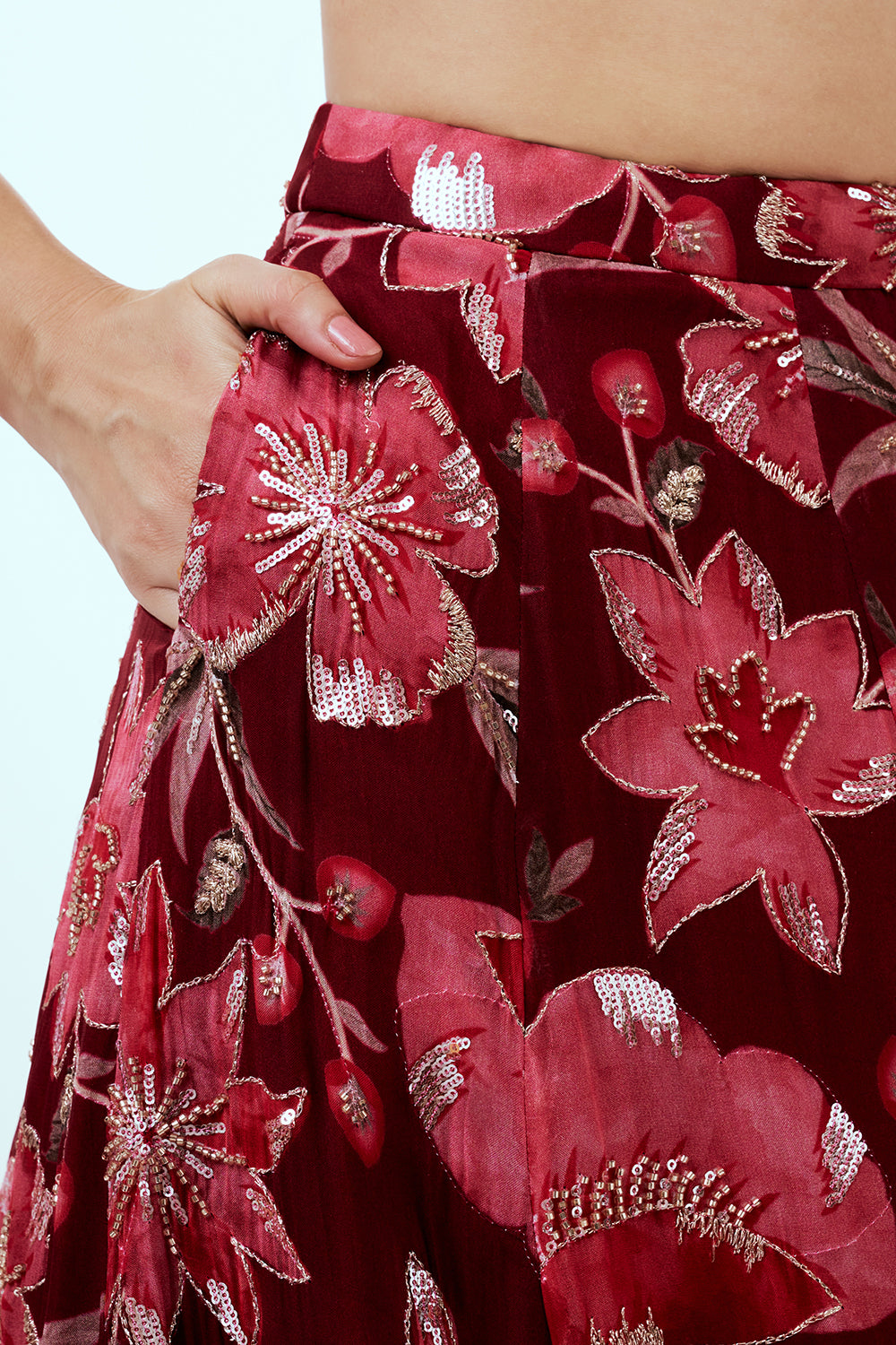 Maroon Printed Organza Lehenga with Embellishments