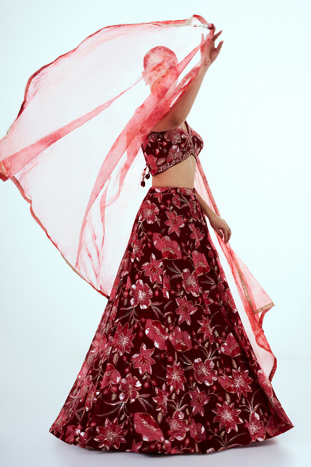 Maroon Printed Organza Lehenga with Embellishments