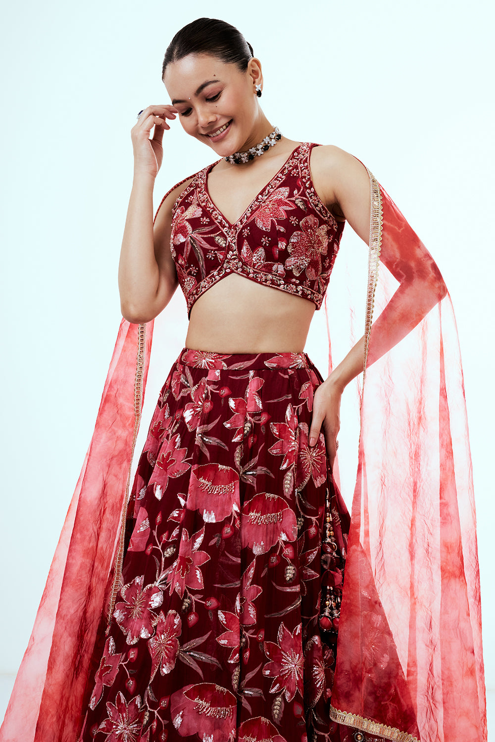Maroon Printed Organza Lehenga with Embellishments