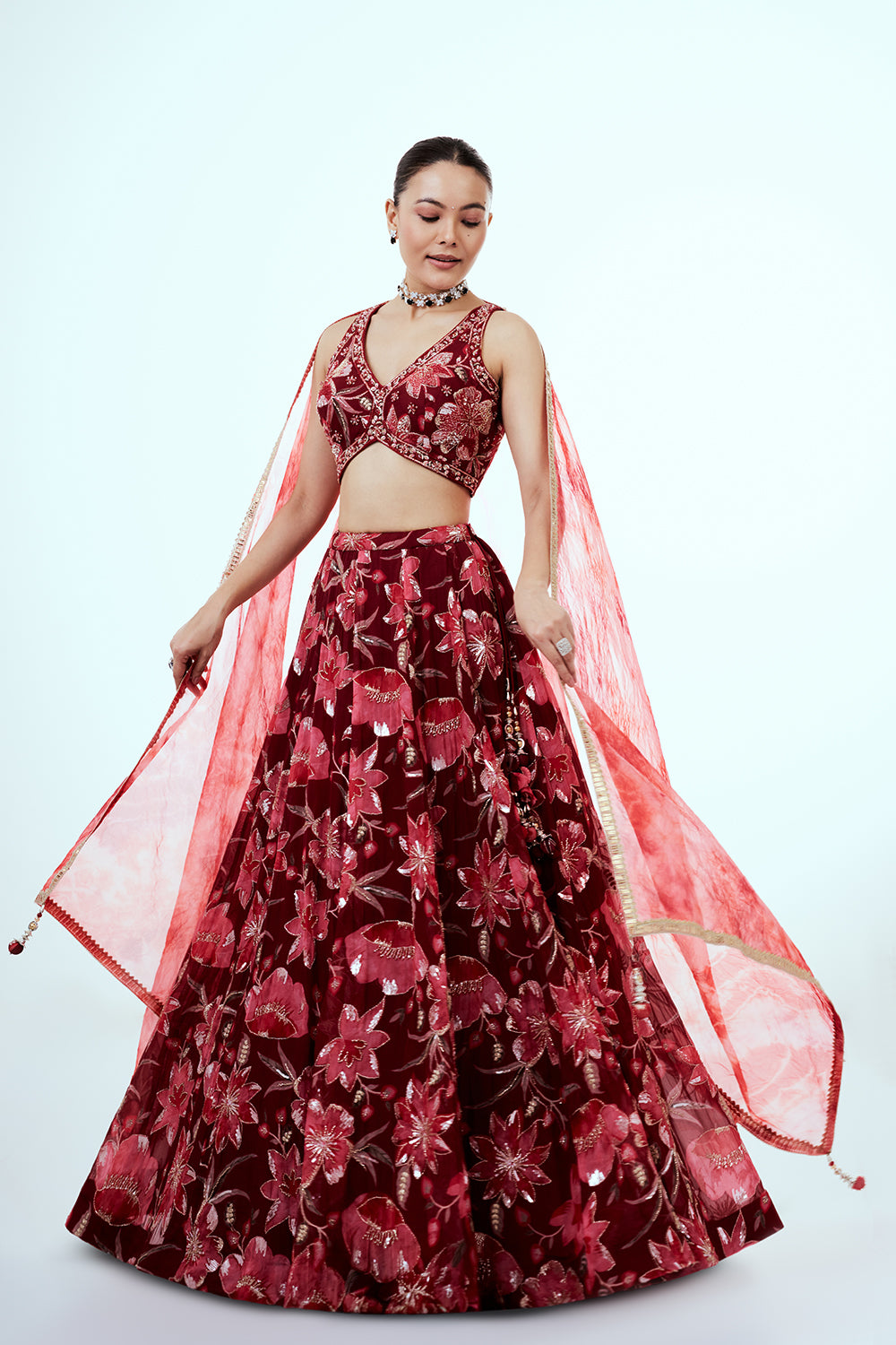 Maroon Printed Organza Lehenga with Embellishments