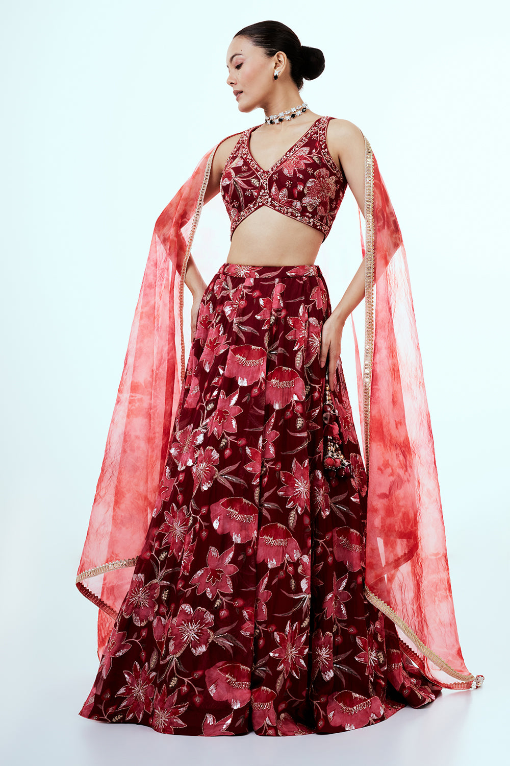 Maroon Printed Organza Lehenga with Embellishments