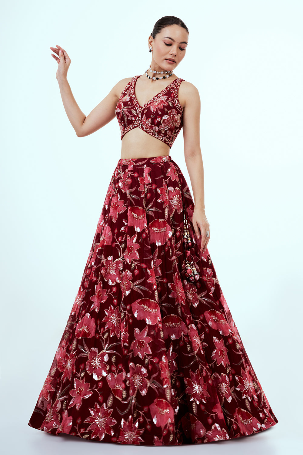 Maroon Printed Organza Lehenga with Embellishments