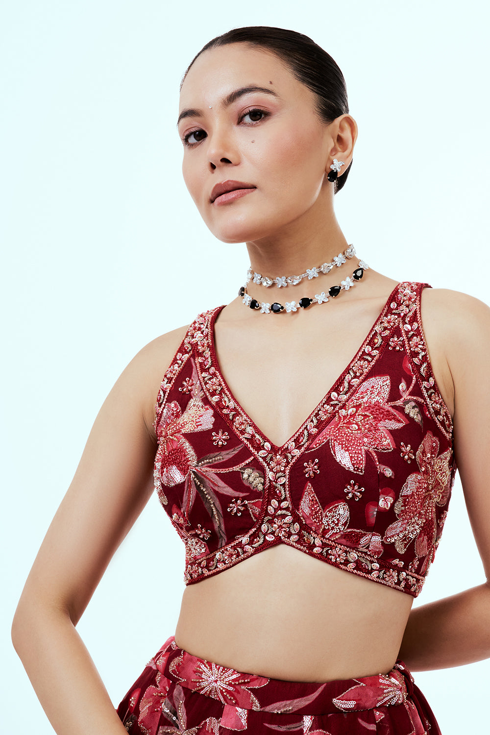 Maroon Printed Organza Lehenga with Embellishments