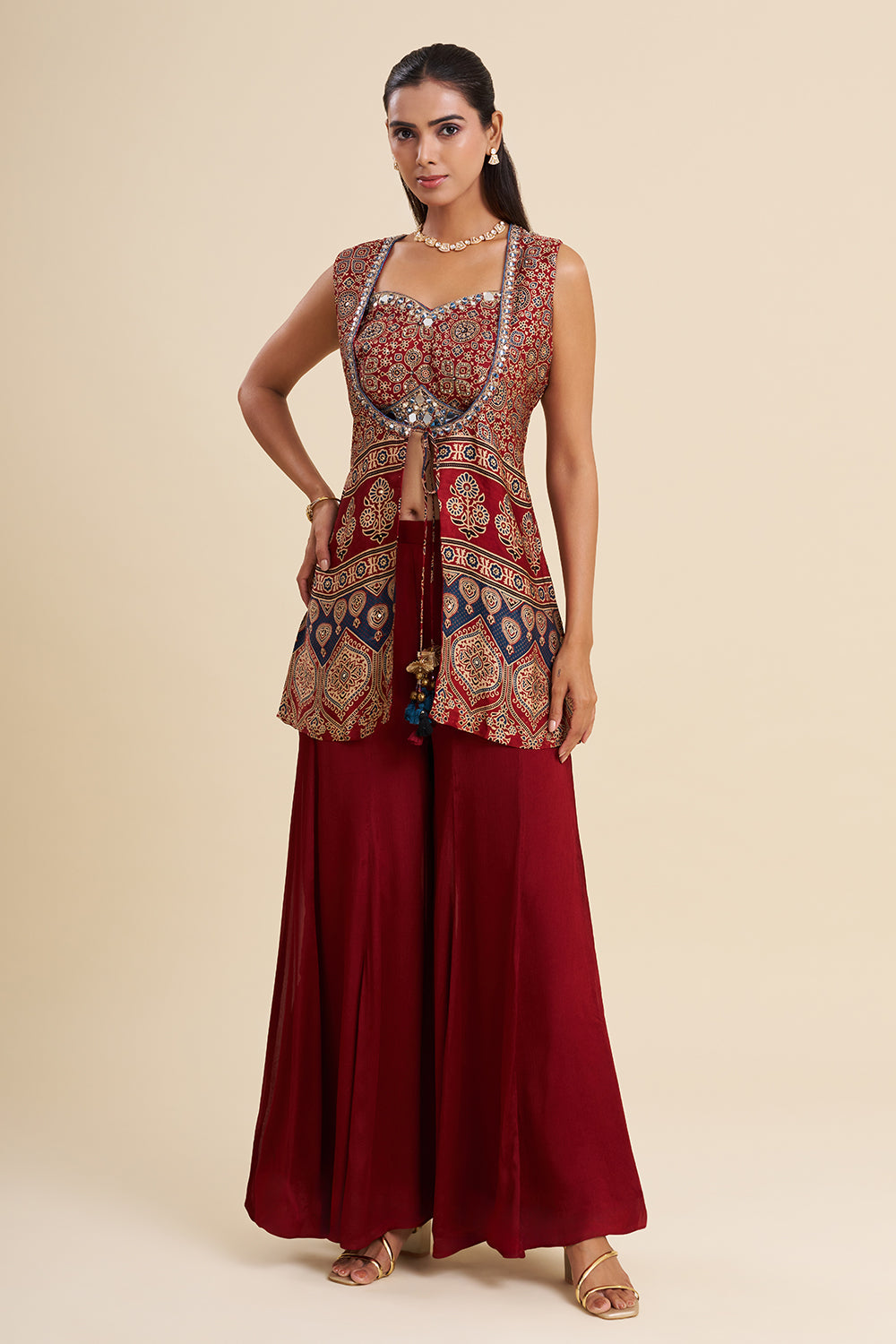 Maroon Satin Modal Fusion Set with Ajrakh Work