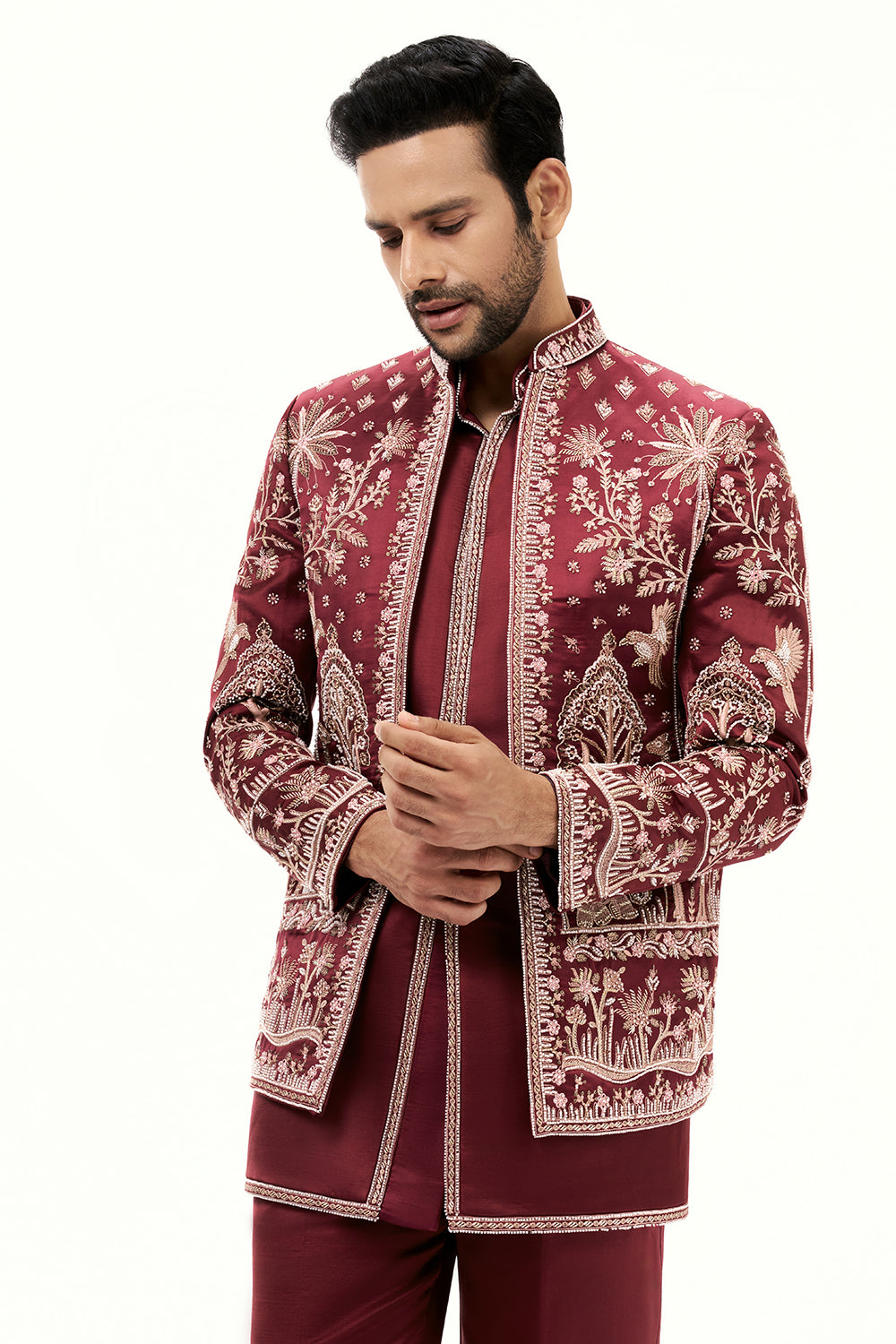 Maroon Satin Silk Jodhpuri Set with Beads and Aari Work