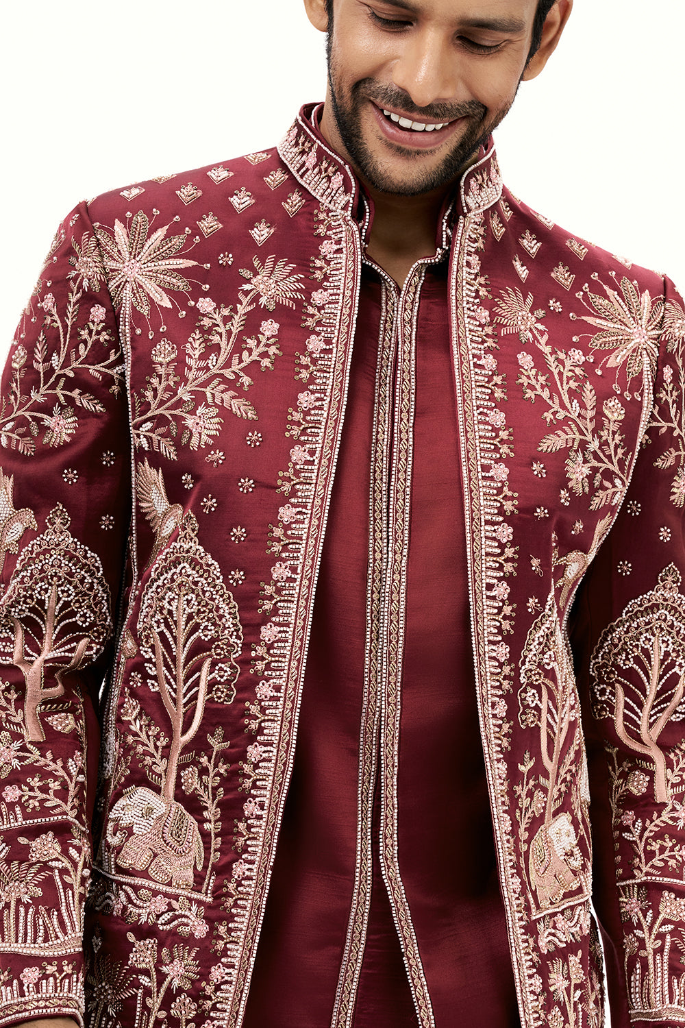 Maroon Satin Silk Jodhpuri Set with Beads and Aari Work