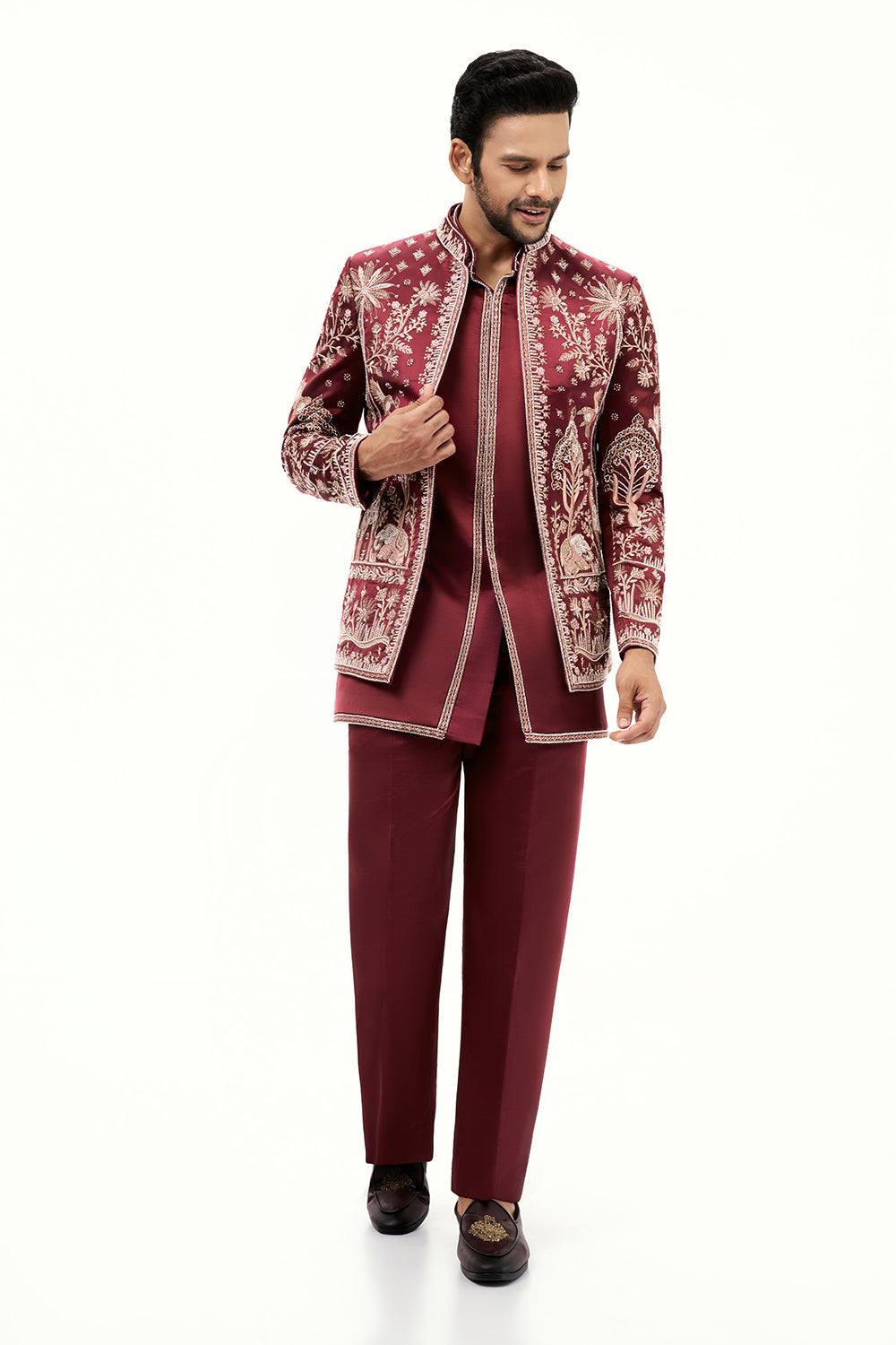 Maroon Satin Silk Jodhpuri Set with Beads and Aari Work