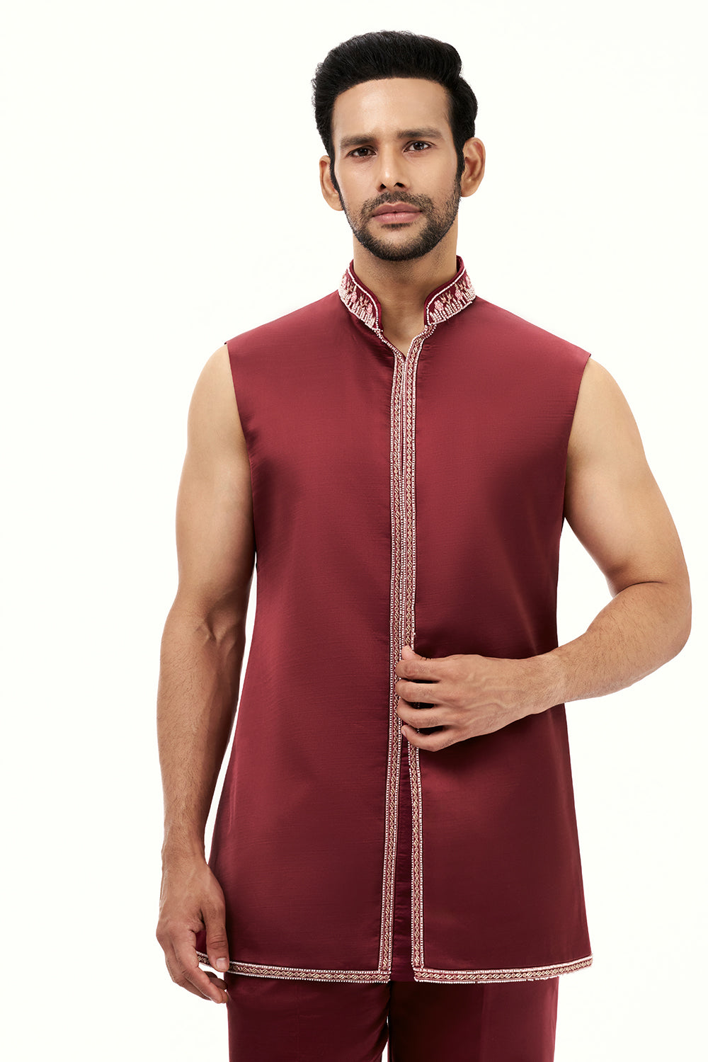 Maroon Satin Silk Jodhpuri Set with Beads and Aari Work