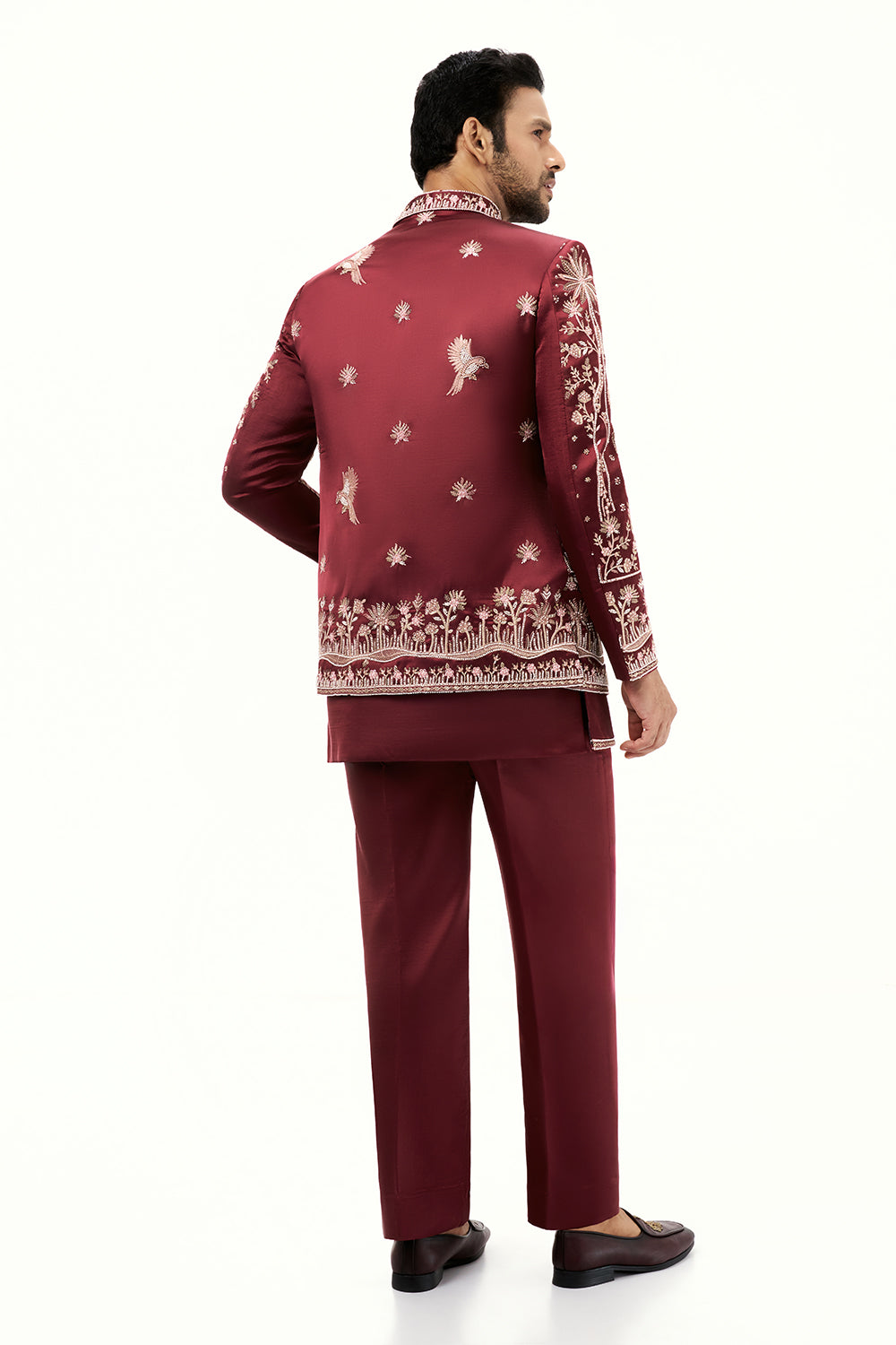 Maroon Satin Silk Jodhpuri Set with Beads and Aari Work