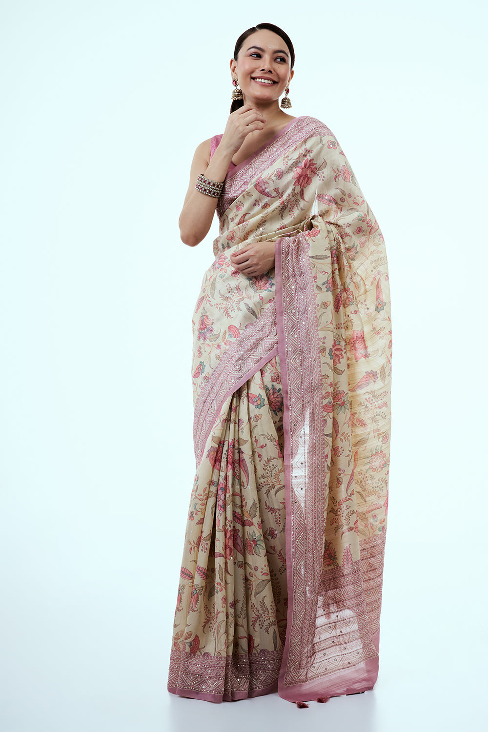 Mauve and Cream Tussar Silk Saree with Floral Print