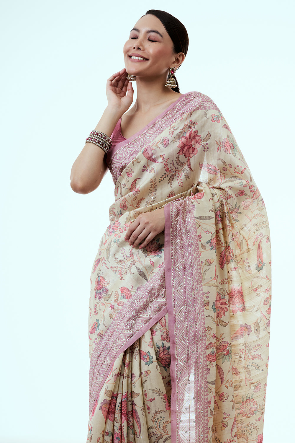 Mauve and Cream Tussar Silk Saree with Floral Print