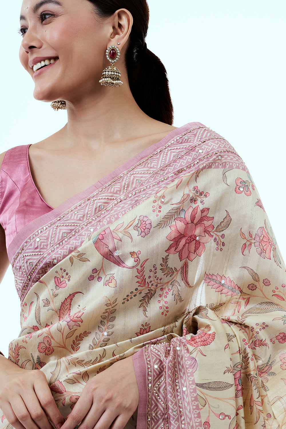 Mauve and Cream Tussar Silk Saree with Floral Print