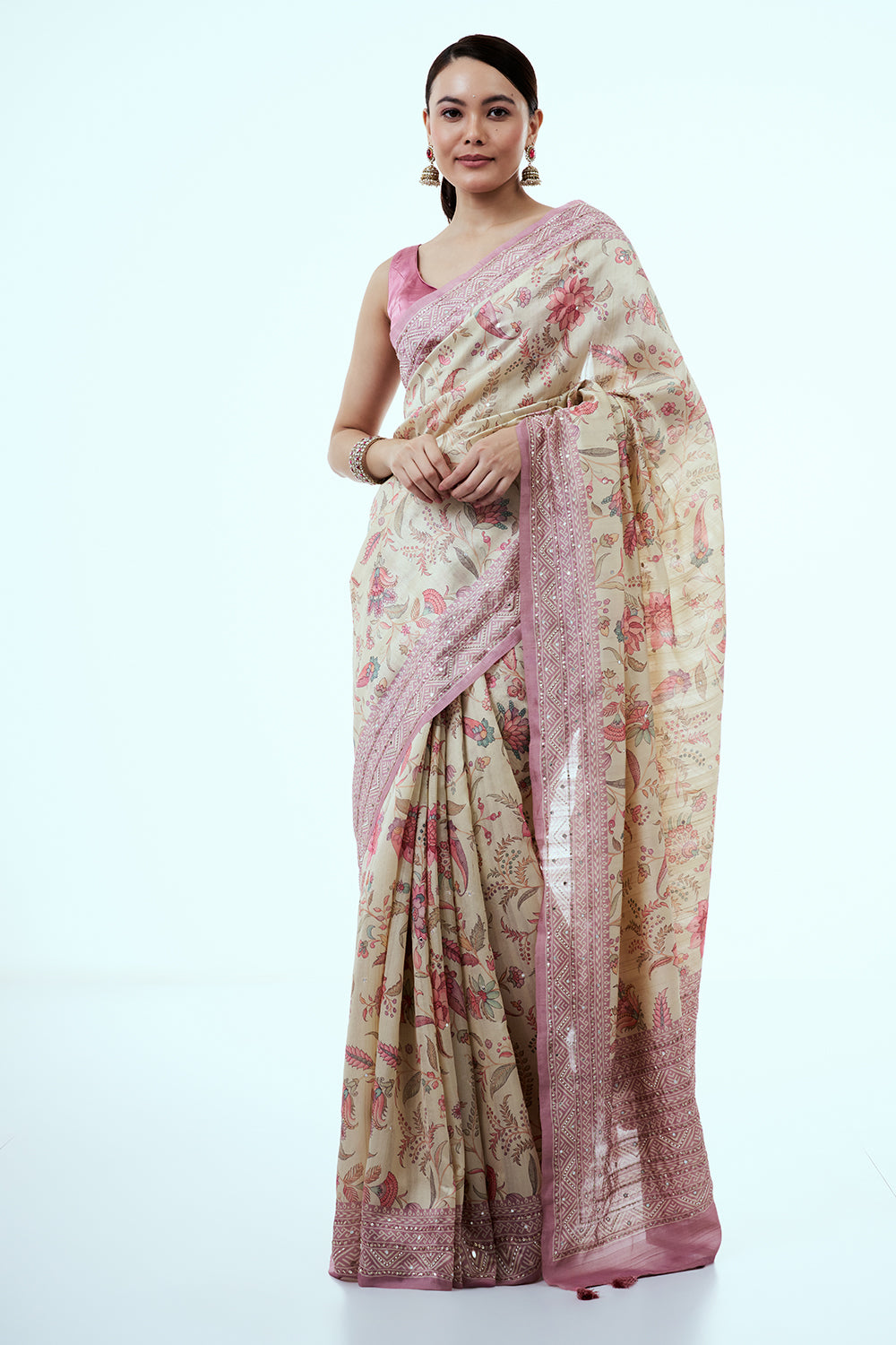 Mauve and Cream Tussar Silk Saree with Floral Print