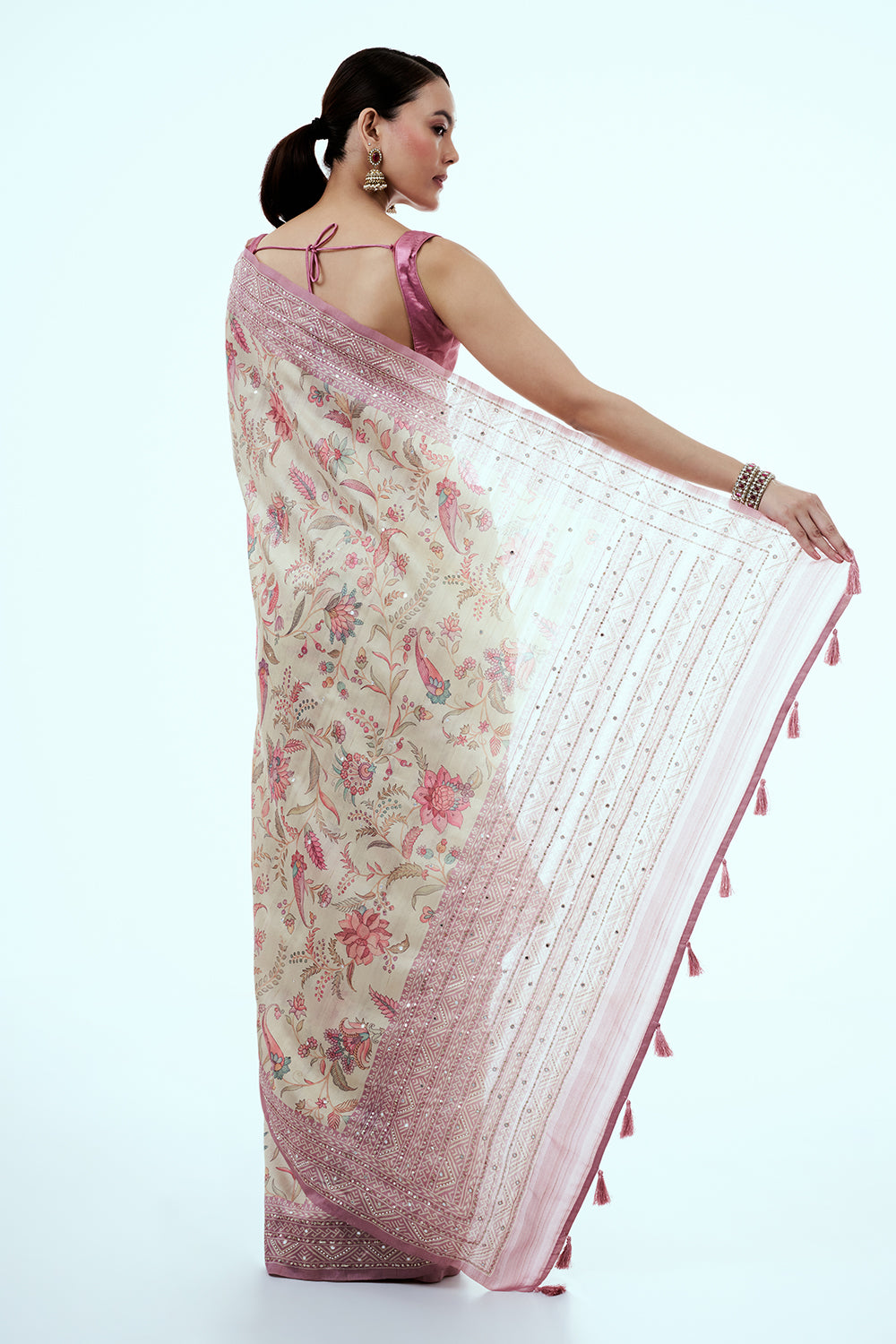 Mauve and Cream Tussar Silk Saree with Floral Print