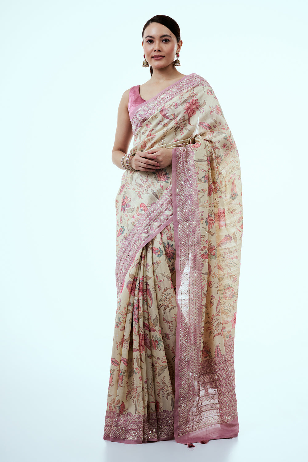 Mauve and Cream Tussar Silk Saree with Floral Print