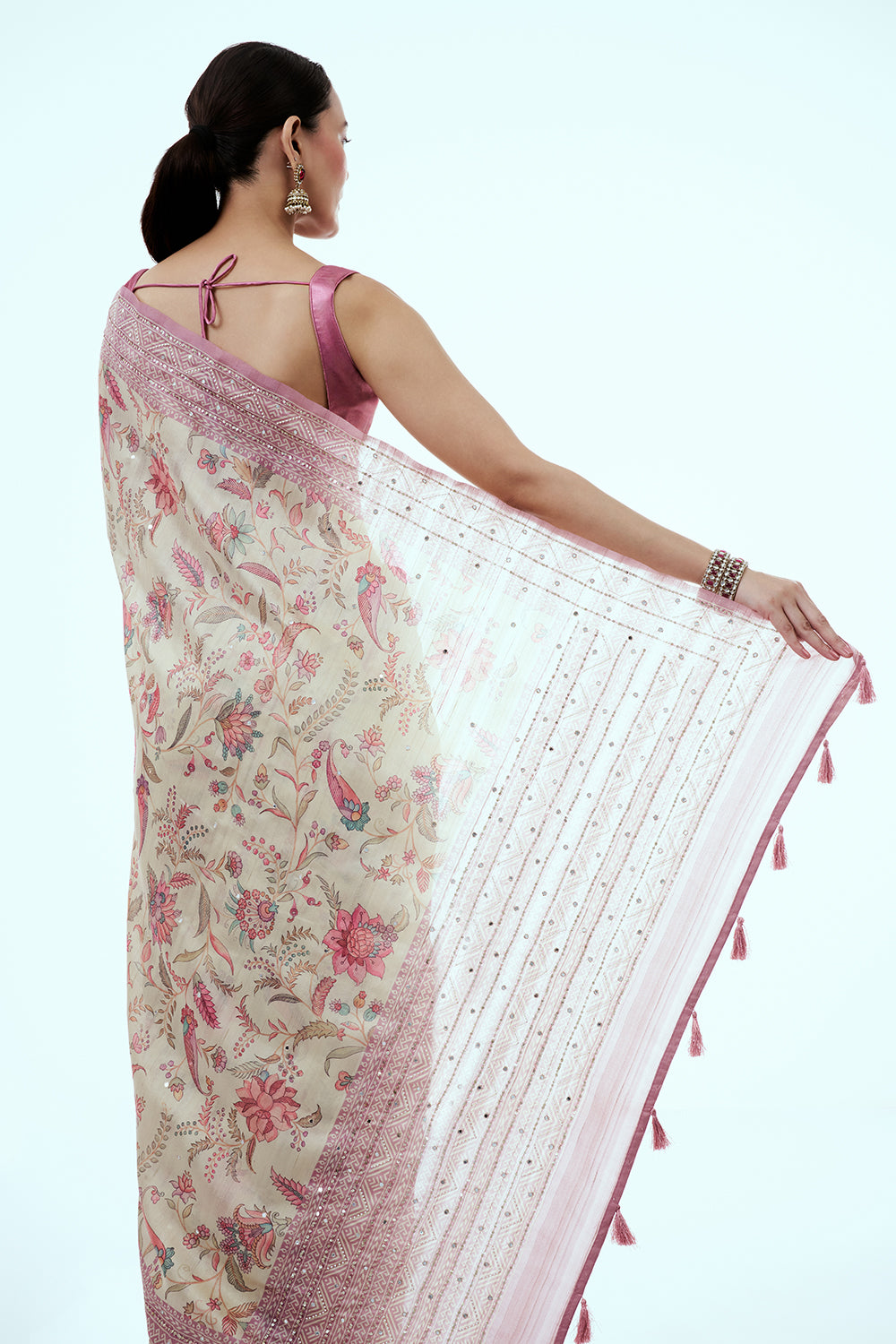 Mauve and Cream Tussar Silk Saree with Floral Print