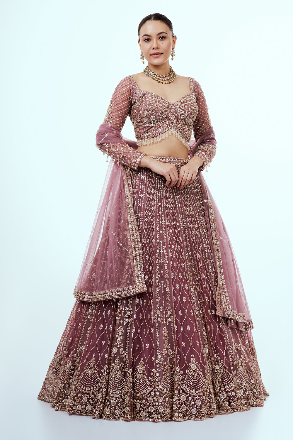 Mauve Net Lehenga with Sequins and Cutdana Hand Work