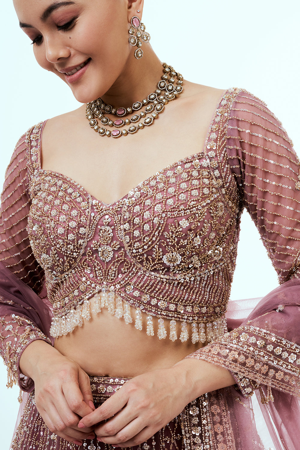 Mauve Net Lehenga with Sequins and Cutdana Hand Work