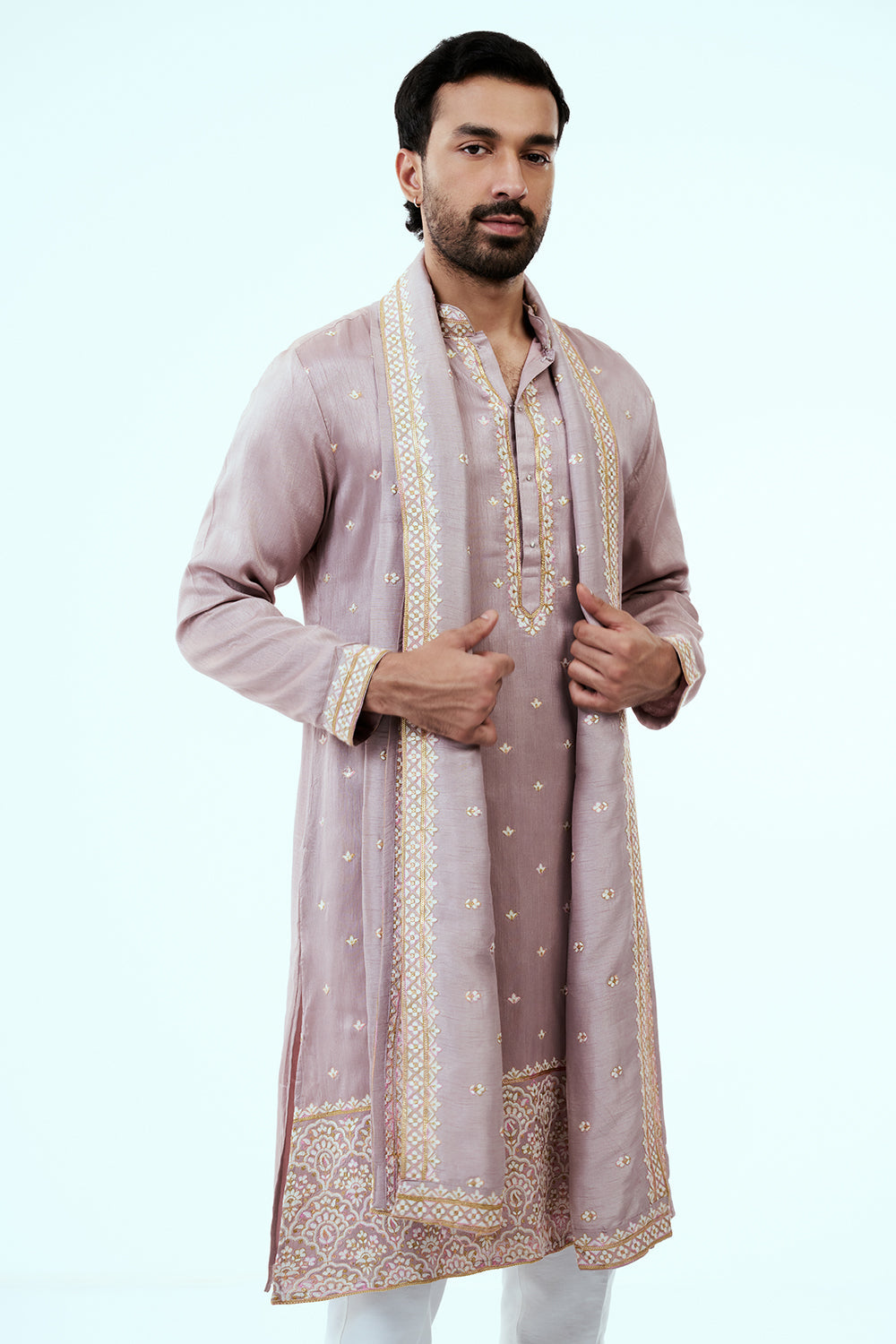 Mauve Raw Silk Mens Kurta Set in Resham Work with Dupatta