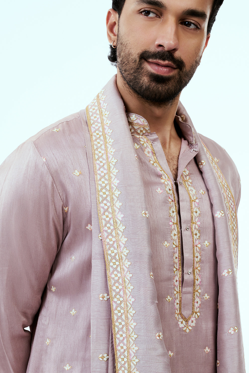 Mauve Raw Silk Mens Kurta Set in Resham Work with Dupatta
