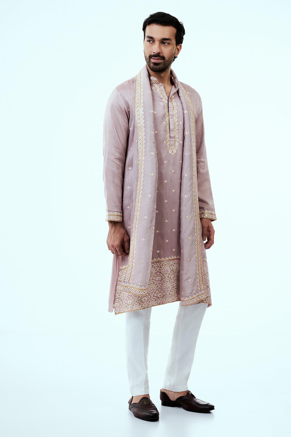 Mauve Raw Silk Mens Kurta Set in Resham Work with Dupatta