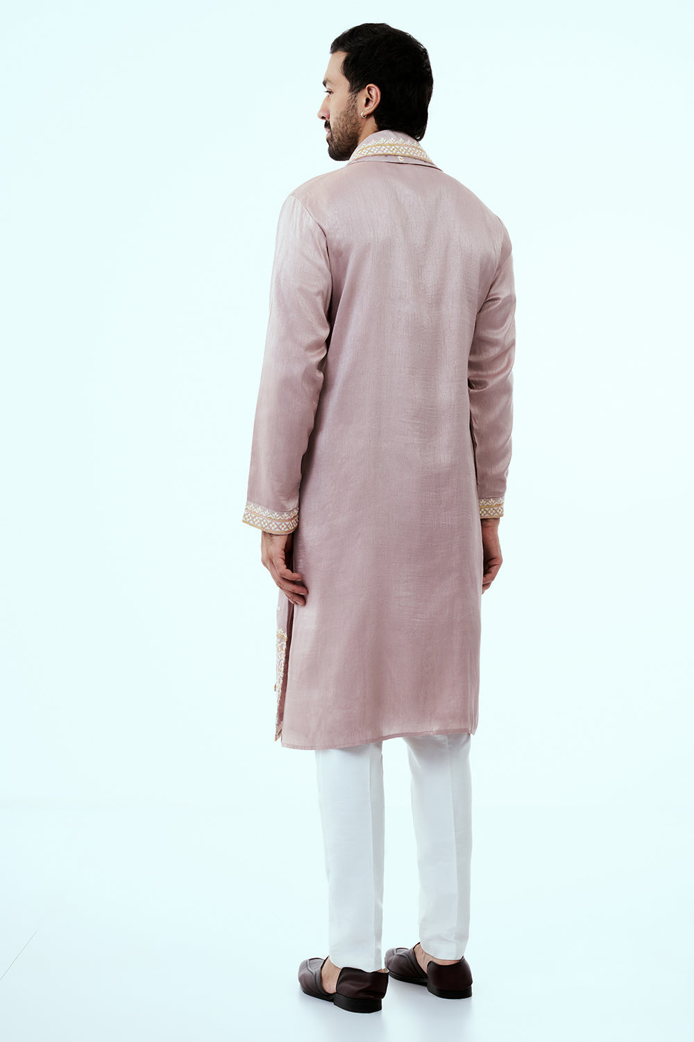 Mauve Raw Silk Mens Kurta Set in Resham Work with Dupatta