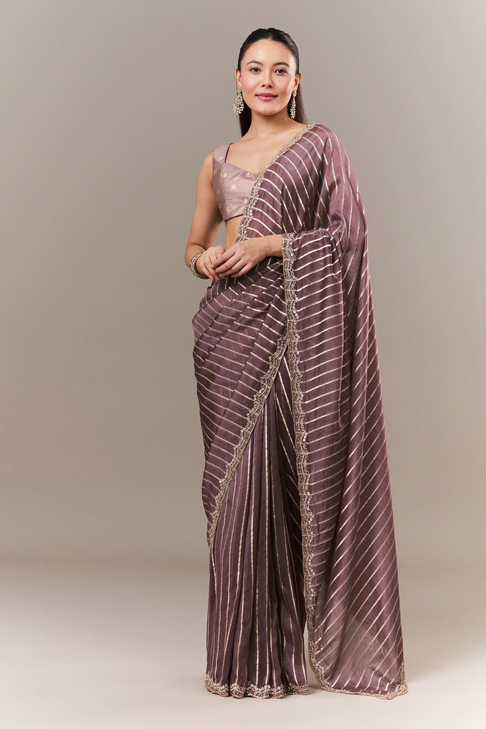 Mauve Silk Woven Saree with Mirror and Zari Work