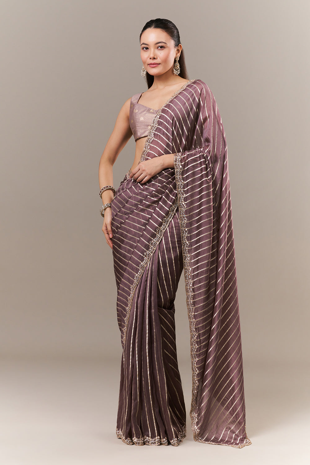 Mauve Silk Woven Saree with Mirror and Zari Work
