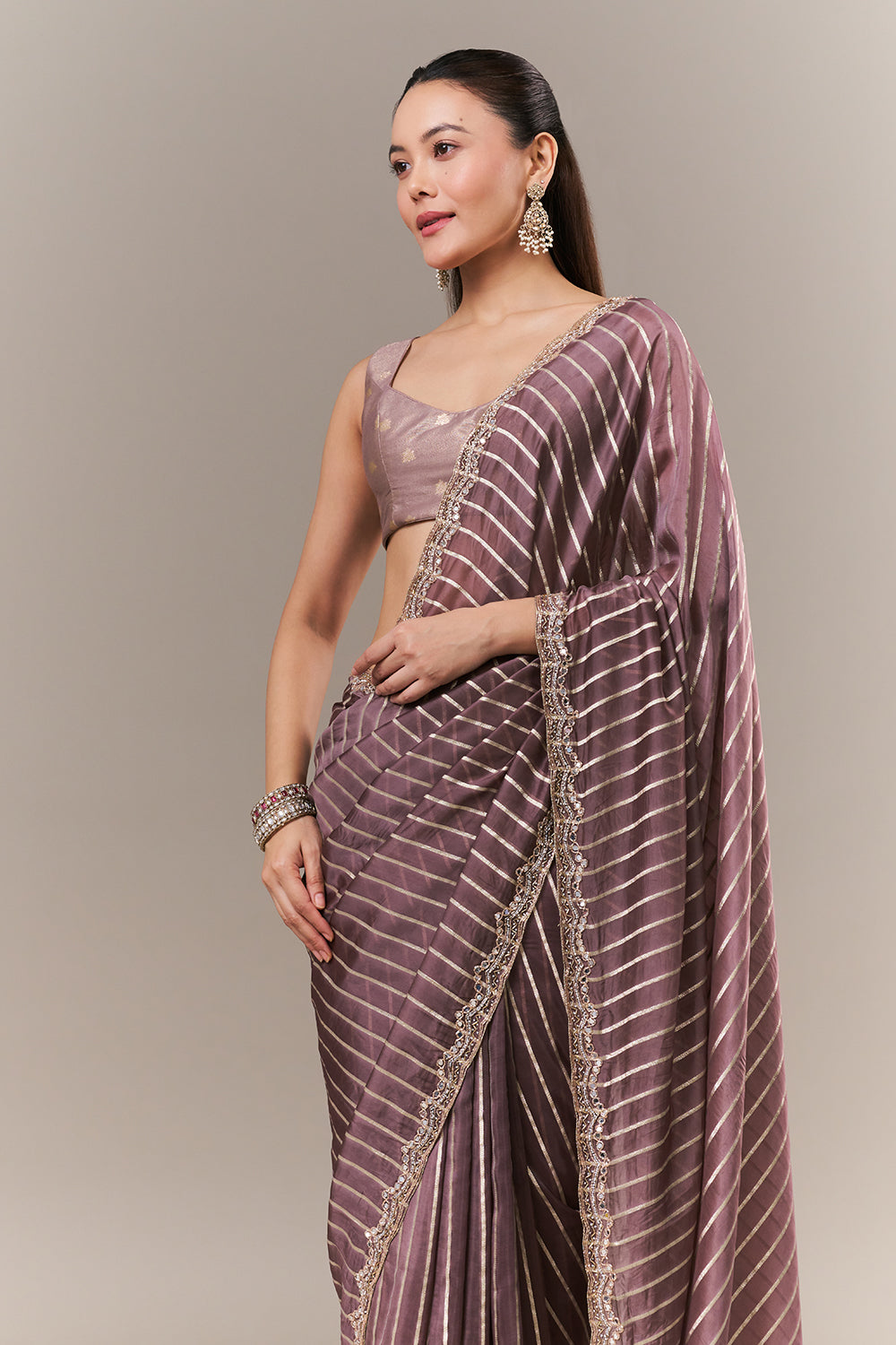 Mauve Silk Woven Saree with Mirror and Zari Work