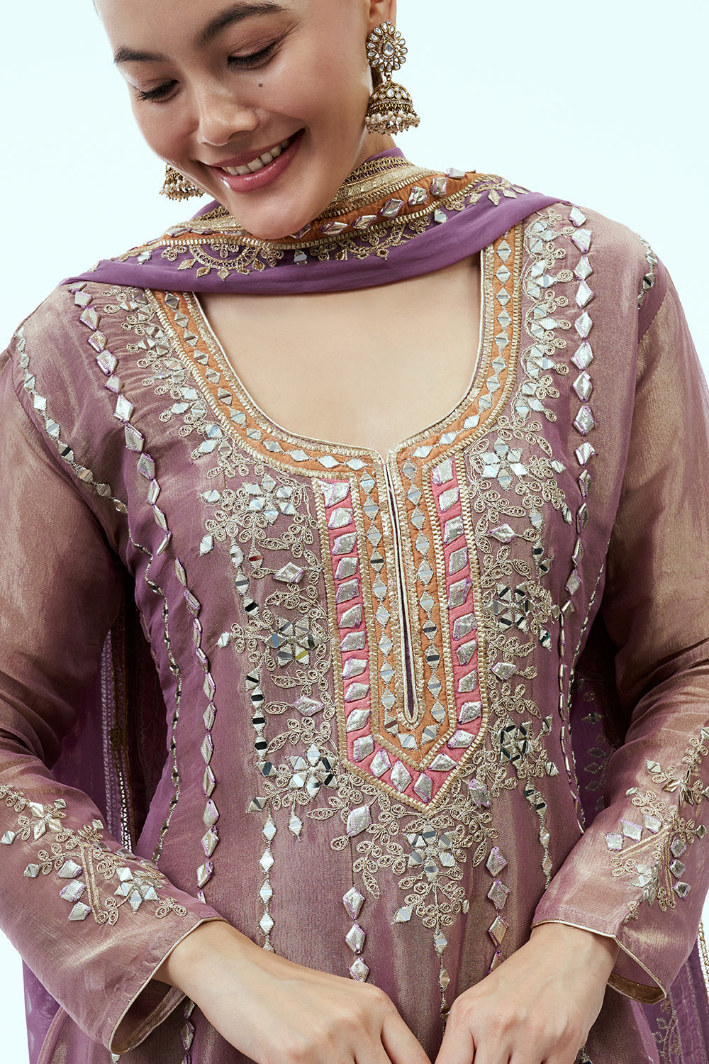 Mauve Tissue Anarkali Set with Mirror and Gota Work