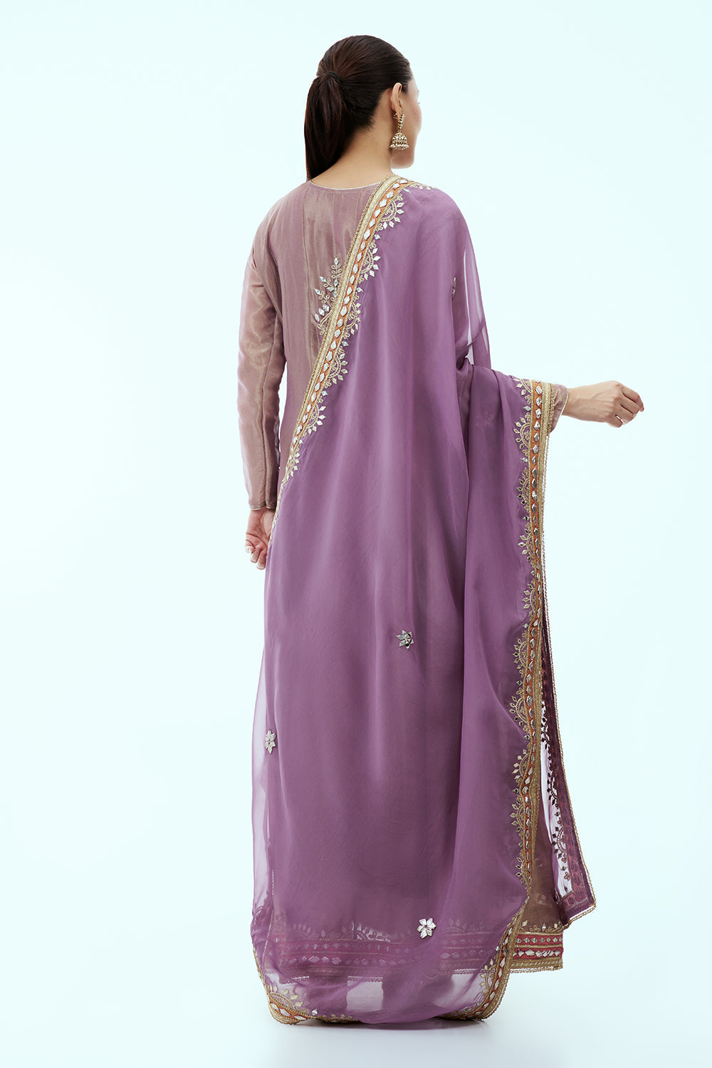 Mauve Tissue Anarkali Set with Mirror and Gota Work