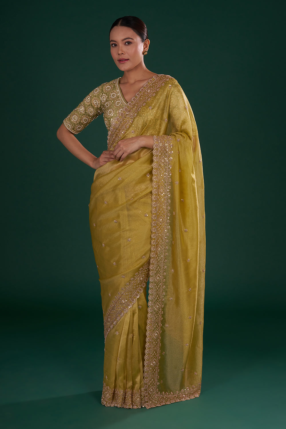 Mehendi Green Shimmer Zari Tissue Saree with Pearl Hand Embroidery