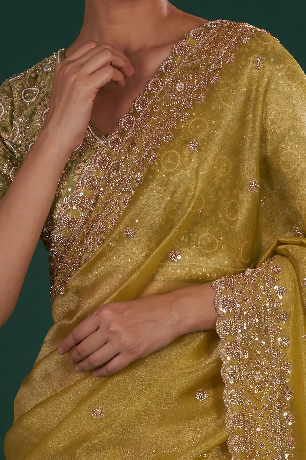 Mehendi Green Shimmer Zari Tissue Saree with Pearl Hand Embroidery