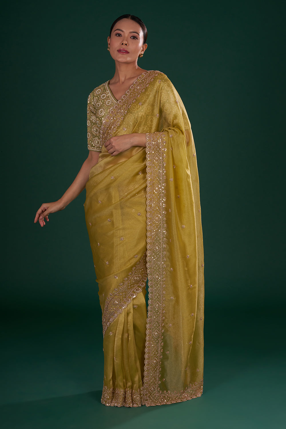 Mehendi Green Shimmer Zari Tissue Saree with Pearl Hand Embroidery