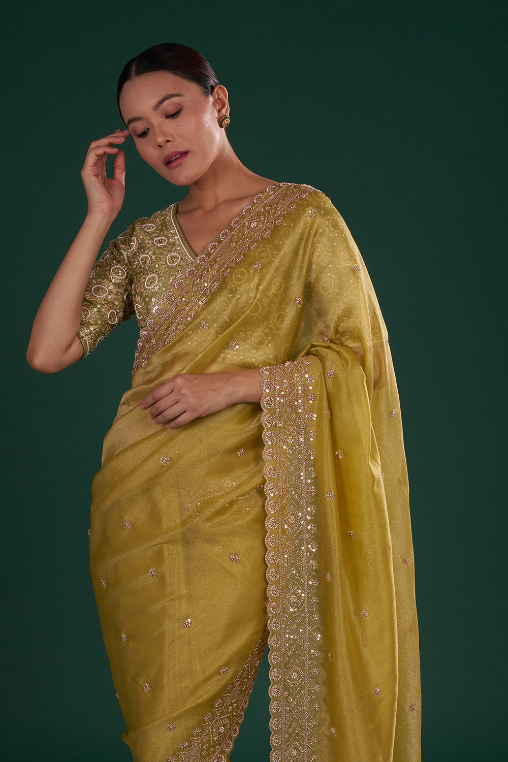 Mehendi Green Shimmer Zari Tissue Saree with Pearl Hand Embroidery