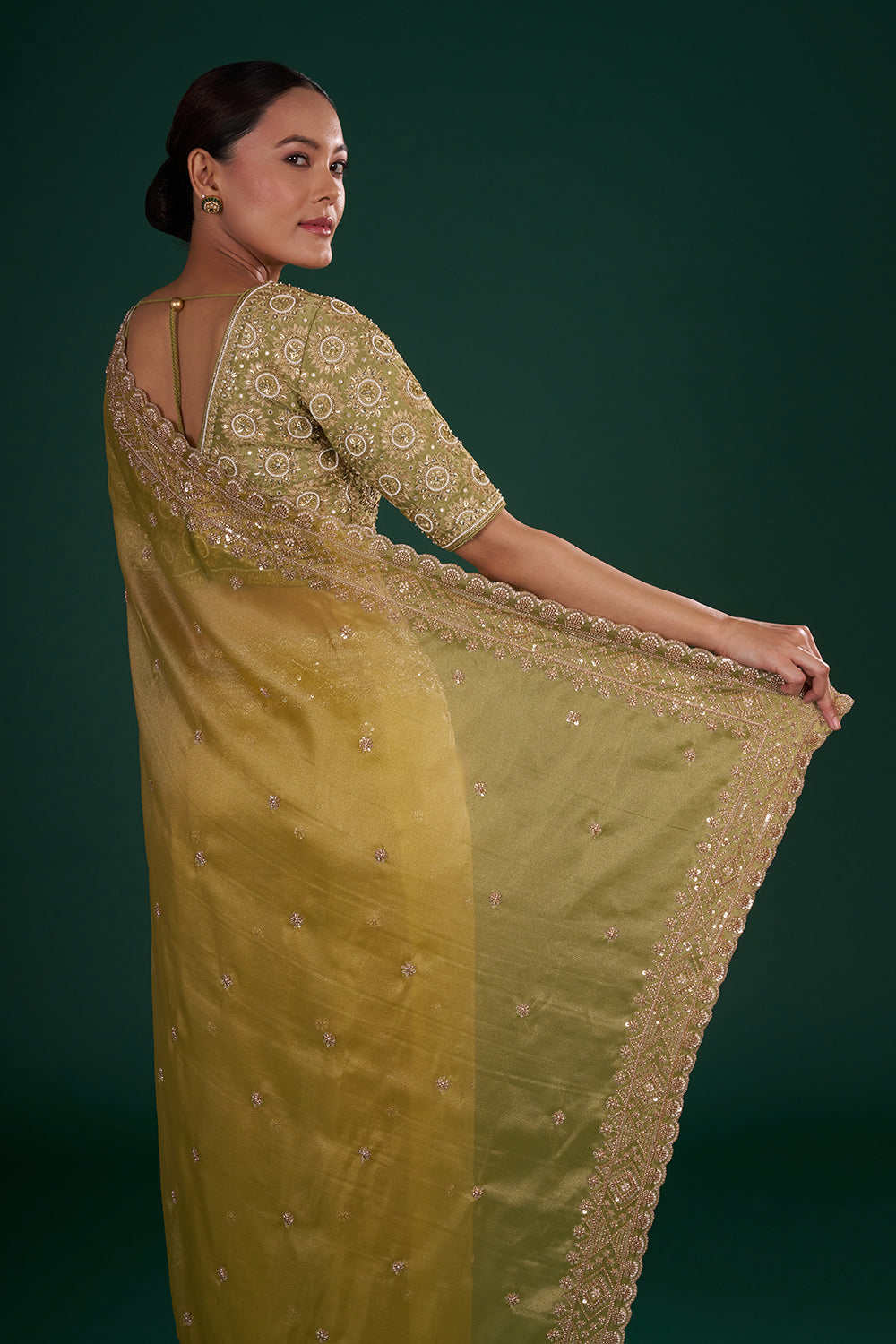 Mehendi Green Shimmer Zari Tissue Saree with Pearl Hand Embroidery