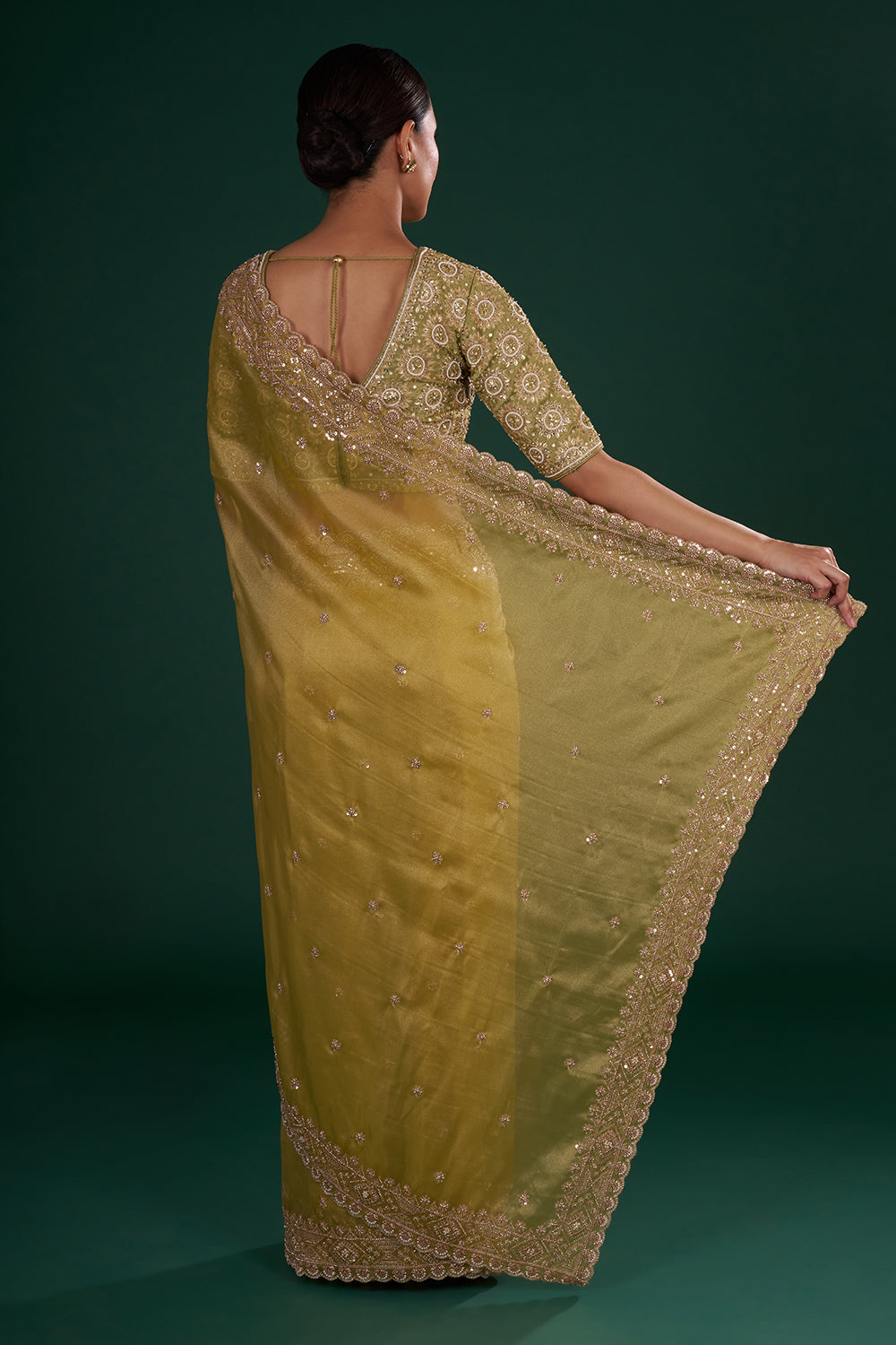 Mehendi Green Shimmer Zari Tissue Saree with Pearl Hand Embroidery