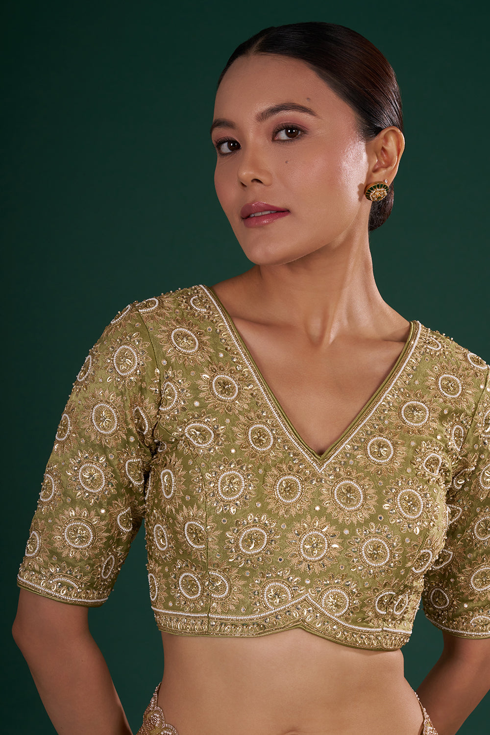 Mehendi Green Shimmer Zari Tissue Saree with Pearl Hand Embroidery
