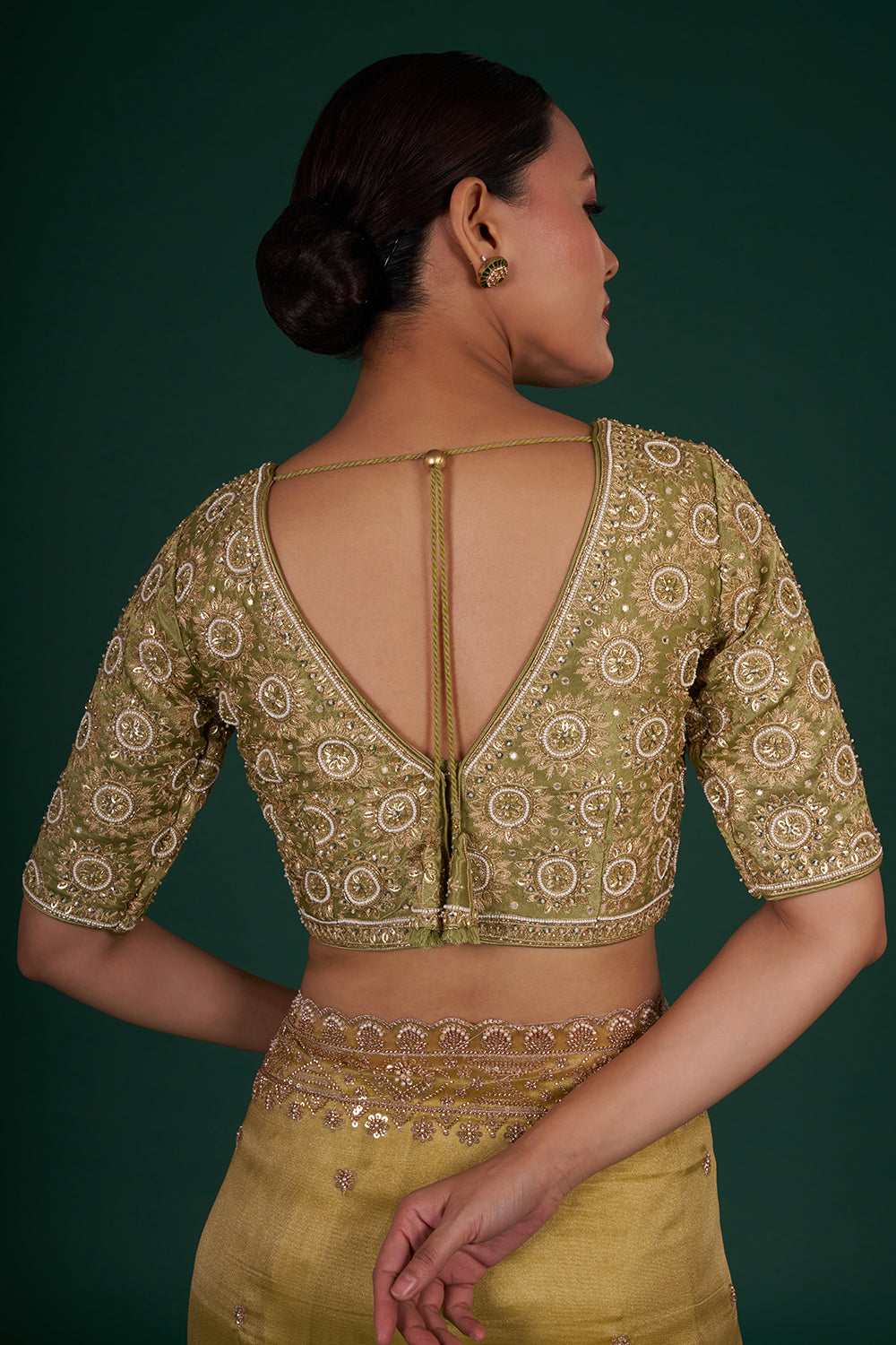 Mehendi Green Shimmer Zari Tissue Saree with Pearl Hand Embroidery