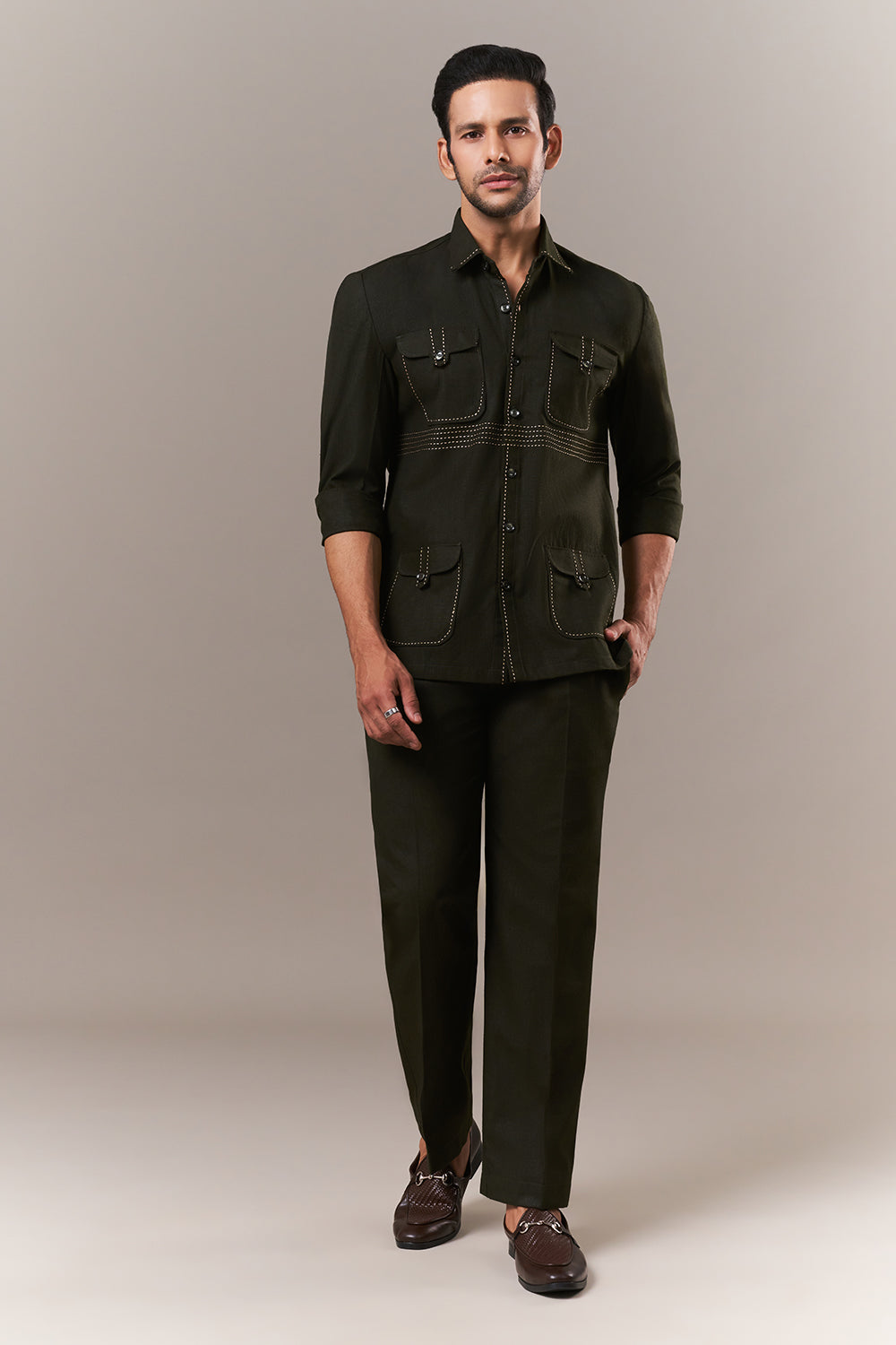 Mehendi Green Linen Mens Suit with Thread Work