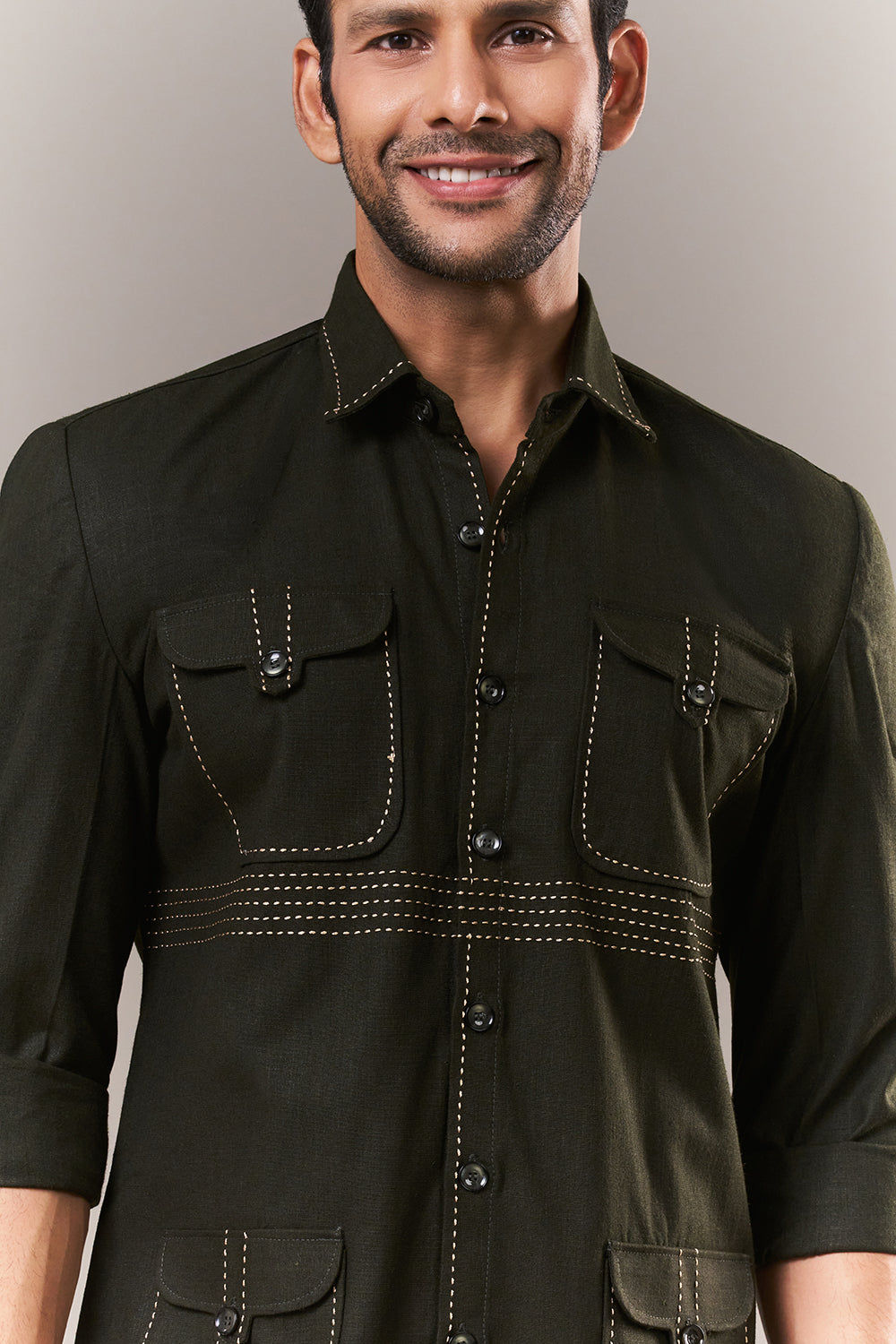 Mehendi Green Linen Mens Suit with Thread Work